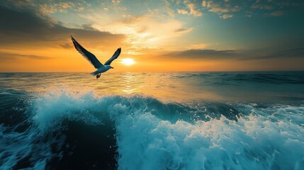 Seagull flying over ocean wave at sunset.