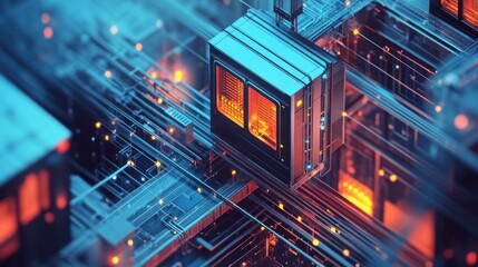 Fototapeta premium Futuristic digital technology concept with glowing neon geometric patterns shapes and structures Abstract 3D rendering of a complex cyberpunk inspired data intelligence system