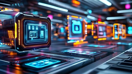 Obraz premium futuristic tech ui interface, digital cube - cyberpunk aesthetics