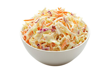 Classic coleslaw with shredded cabbage and creamy dressing in white bowl isolated on white or transparent, PNG