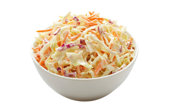 Classic coleslaw with shredded cabbage and creamy dressing in white bowl isolated on white or transparent, PNG