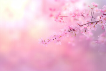 桜の枝が淡いピンクの柔らかな背景に映える春の情景