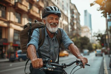Naklejka premium Happy Senior Man Riding Bicycle in Urban Environment with Helmet