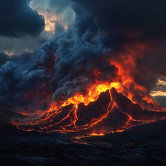 Erupting volcano with dark clouds and glowing lava.