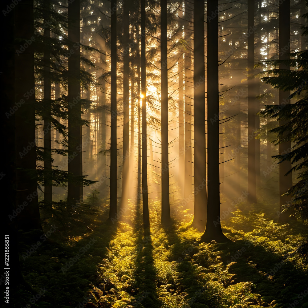 Poster sunlight filters through tall trees in a forest creating beams of light and shadows on the forest fl