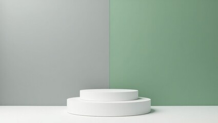 White Cylindrical Display Stand on Green and Gray Background