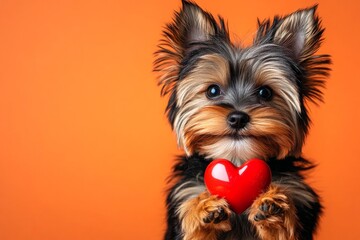 Naklejka premium Cute yorkshire terrier doggy with diamond red heart - emblem of love, funny greeting card. Digital ads visual idea. Yorkshire terrier - my cherished dog. Valentine's animal photography ideas.