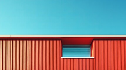 Vibrant Red Building with Large Window Standing Out Against Bright Blue Sky Creating a Striking Visual Contrast Evoking Feelings of Warmth and Cheerfulness in an Urban Environment