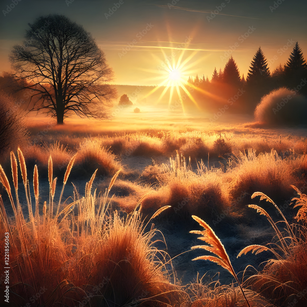 Aufkleber a serene sunrise illuminates a frosty field with dew-covered grass and distant trees creating a tran