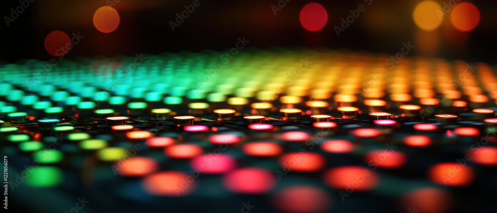 Poster vibrant display of colorful buttons illuminated in grid pattern, creating mesmerizing visual effect.