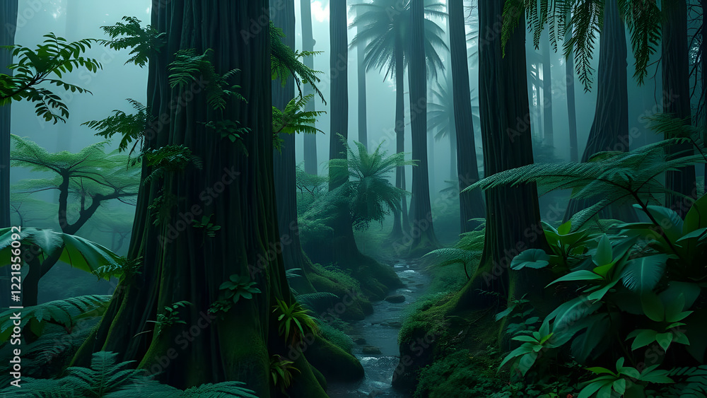 Poster a misty stream flows through a lush, green forest, sunlight filters through the dense canopy creatin