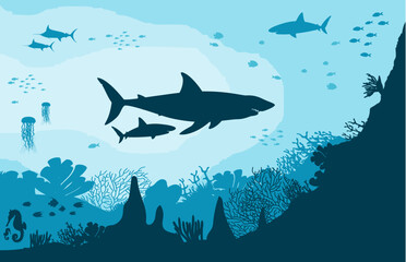 Underwater scene with sharks and corals. Vector Illustration.