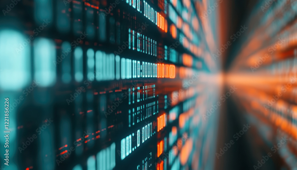 Poster dynamic technology grid in blue and orange tones, showcasing abstract data patterns and digital conn