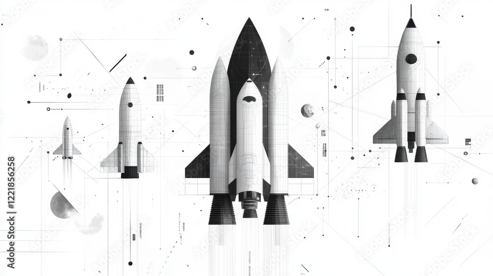 Poster a minimalistic illustration of rockets in varying designs, surrounded by abstract shapes and lines, 