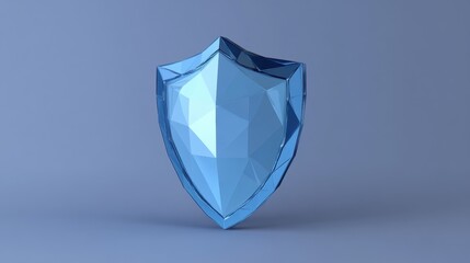 A shiny blue shield with a geometric design against a simple gray background, symbolizing protection and defense.