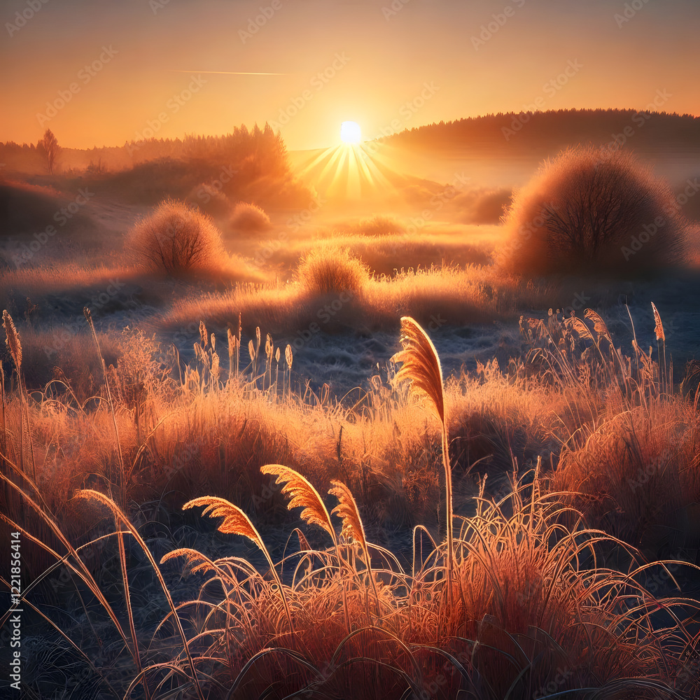 Poster a serene sunrise illuminates a frosty field with dew-covered grass and distant trees creating a tran