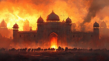 Fiery sunset illuminates ancient palace besieged by army. AI Generated