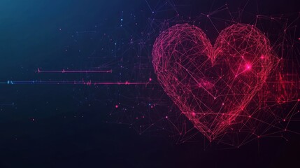 A digital heart made of interconnected lines and dots, illuminated in red, set against a dark background, symbolizing love and technology.