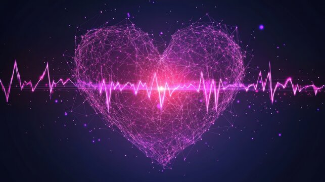 A glowing heart shape with a vibrant heartbeat line, symbolizing love and vitality in a dark background.