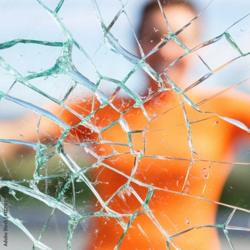 Poster a close-up view of broken glass creating a distorted image of a person wearing an orange shirt in an