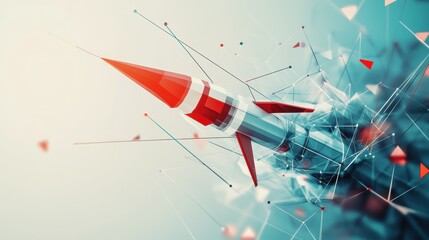 A stylized rocket launches into a digital landscape, symbolizing innovation, technology, and progress with vibrant colors and geometric shapes.