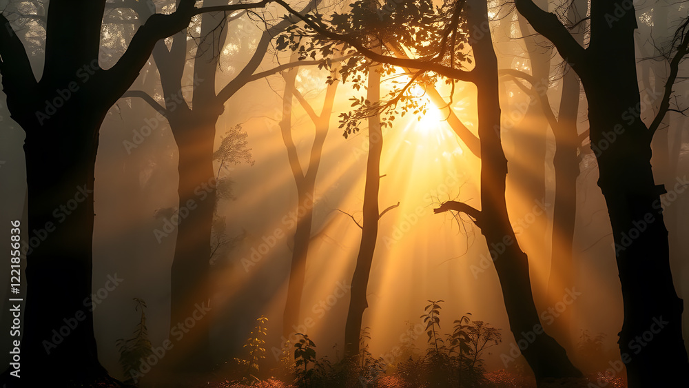 Poster sunlight streams through a misty forest, creating dramatic rays of light among the trees