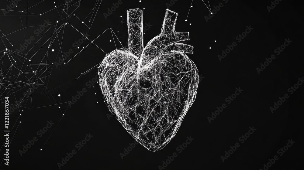Poster a digital representation of a heart, constructed with a network of lines and nodes, symbolizing conn