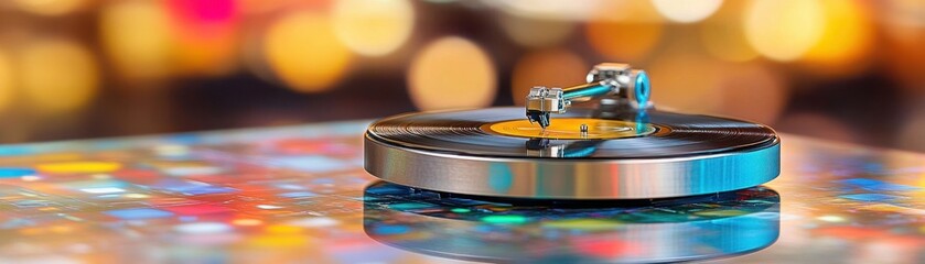 Vintage vinyl record player with spinning record on reflective table showcasing colorful bokeh background, capturing the essence of timeless music and nostalgia