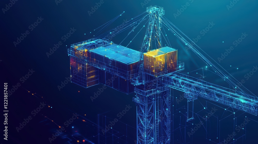 Poster a digital rendering of an offshore oil rig, showcasing intricate lines and glowing elements against 