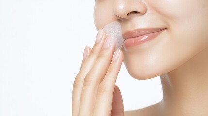 Fototapeta premium Woman Gently Cleansing Face with Soft Foam in Beauty Routine