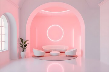 3D render of a pink room with white furniture and a modern round light fixture