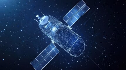 A digital representation of a satellite in space, showcasing its intricate design and solar panels against a dark cosmic background.