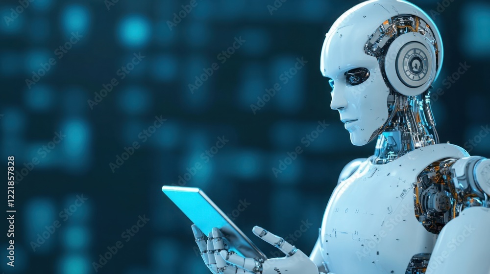 Poster advanced humanoid robot engaging with a digital tablet, showcasing futuristic technology and artific