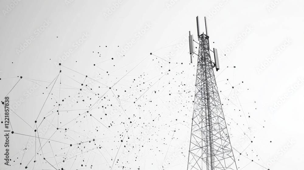 Poster a tall communication tower with scattered network nodes and lines, symbolizing connectivity and tech