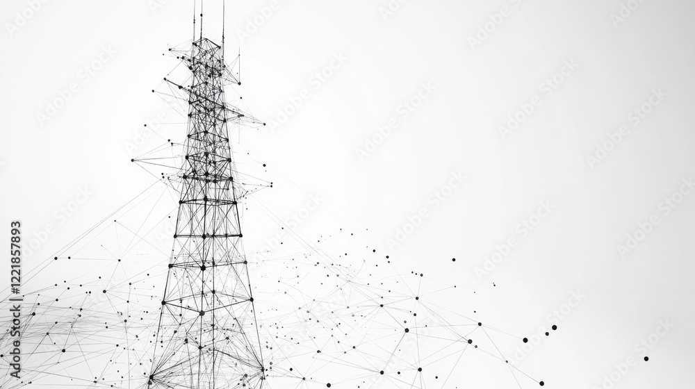 Poster a stylized depiction of a communication tower with abstract connections and nodes suggesting data tr