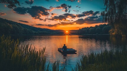 Obraz premium Solitary fisherman on calm lake at sunset.