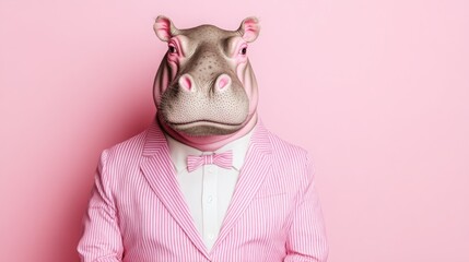 Unique Hippo Costume with Bow Tie in Pink Suit Against a Soft Pink Background, Perfect for Creative Conceptual Photography and Fun Events
