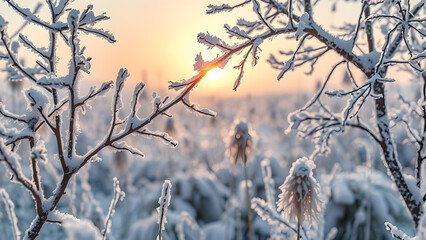 Obraz premium A serene winter landscape with snow-covered branches and a soft sunrise