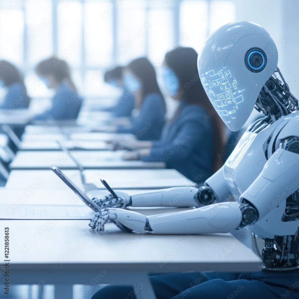 Poster futuristic classroom scene with a robot student engaged in learning among human classmates in a mode