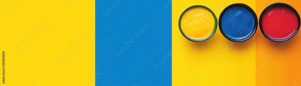 Poster vibrant colorful paints in circular containers on bright blue and yellow background creating a bold 