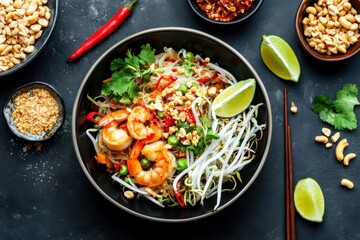Flavorful pad thai with shrimp and vibrant toppings offers a delightful culinary experience