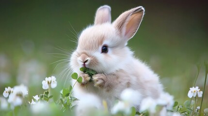 Fototapeta premium Cute baby rabbit eating clover in a wildflower field