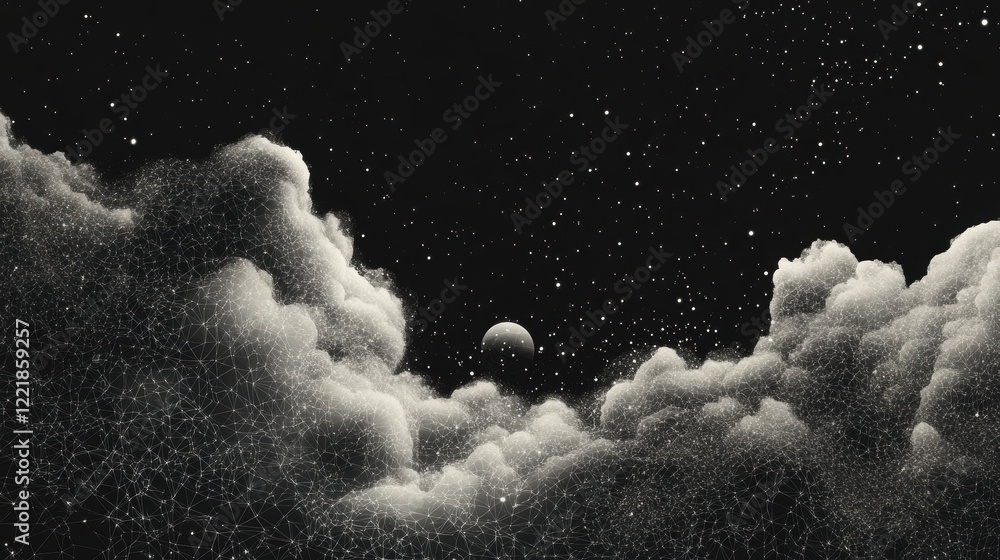 Poster a dark sky filled with textured clouds and shimmering particles, creating a mystical and ethereal at