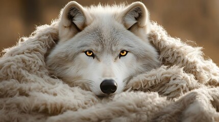 Obraz premium Majestic arctic wolf calmly rests nestled in soft warm fleece golden hour light. AI Generated