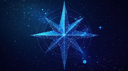 A vibrant blue star compass surrounded by a space-like background filled with twinkling stars and a cosmic aura.