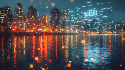Obraz premium Night Cityscape Vibrant Reflections Warm Lights. AI Generated
