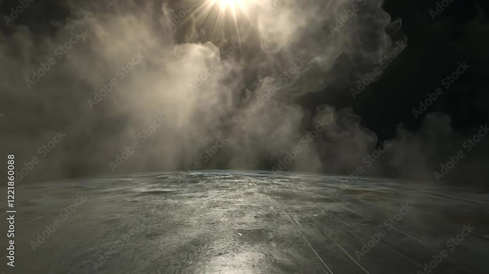 Poster ethereal light shines through fog, creating a mystical atmosphere in a dimly lit space