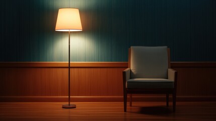 Serene Evening in a Cozy Room: A Chair and Lamp under Soft Lighting