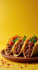 Three tacos on a plate with a yellow background