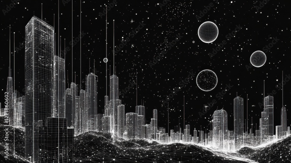 Poster a futuristic cityscape rendered in a wireframe style, set against a starry black background with flo
